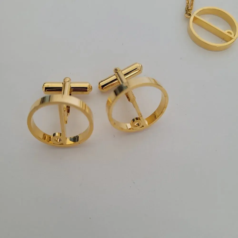 Dunhill Cufflinks Tie Charm Chain Set Gold Tone Logo Round Logo Vintage Box